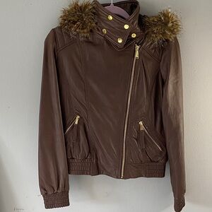 Moda International Brown Leather Jacket with Fur Trim